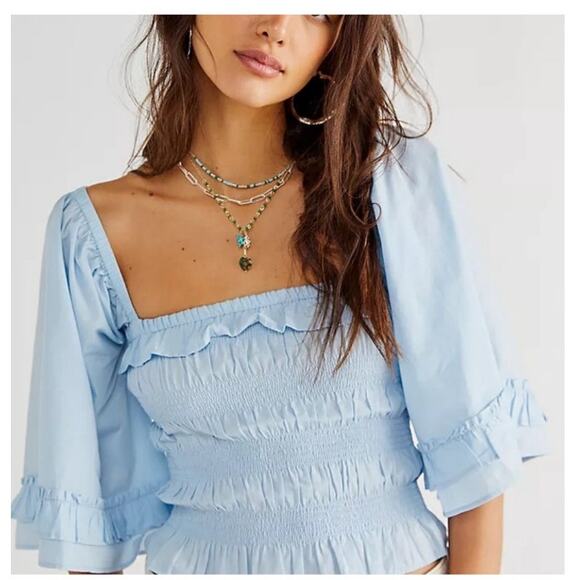 Free People Tops - OPEN TO OFFERS Free People Shirred Perfection Top Blouse  Blue Size XSmall